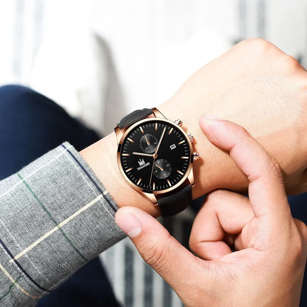 Elegant Business Men 'S Watch Simple Fake Eyes With Calendar Quartz Leather-Belt Watch Men 'S