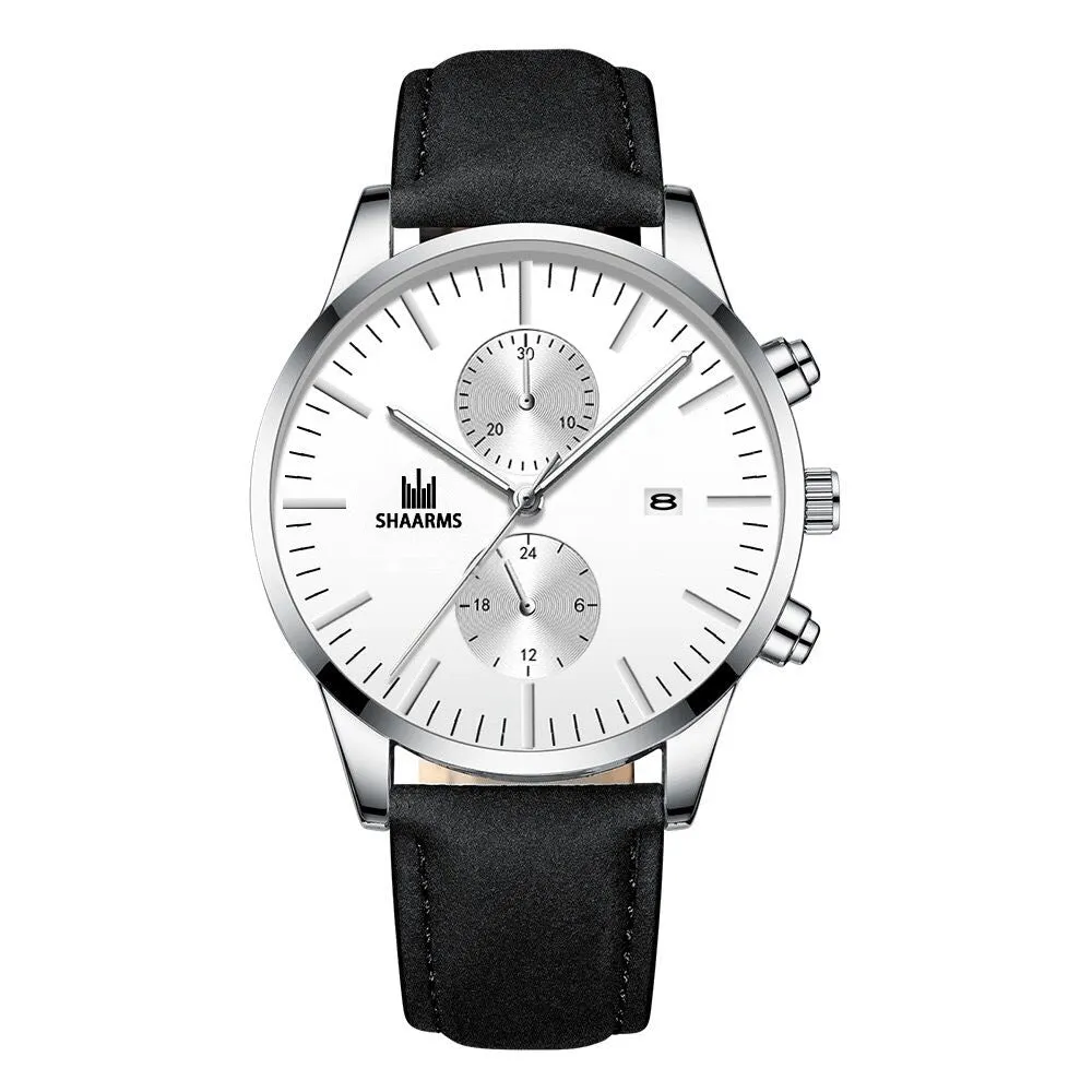 Elegant Business Men 'S Watch Simple Fake Eyes With Calendar Quartz Leather-Belt Watch Men 'S