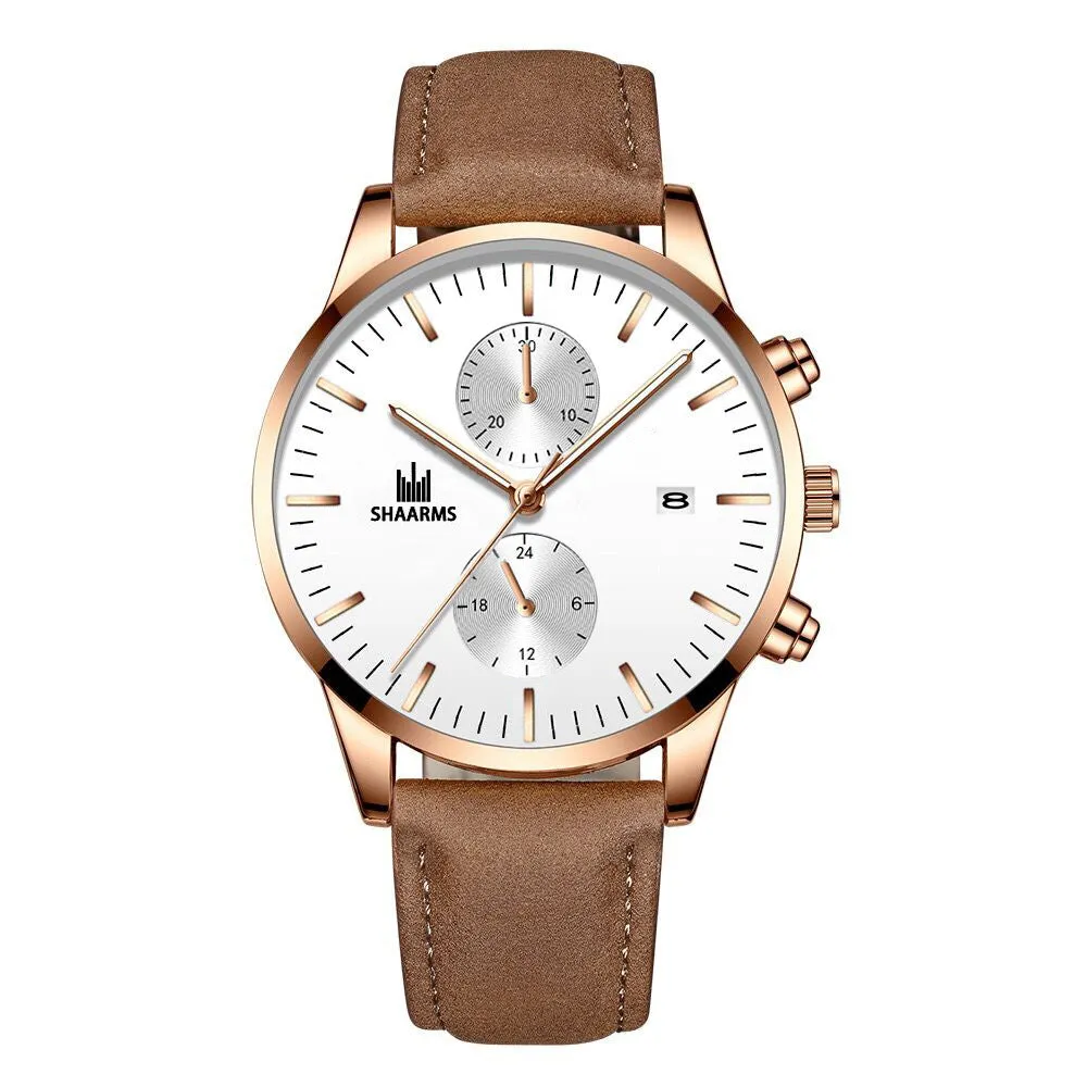 Elegant Business Men 'S Watch Simple Fake Eyes With Calendar Quartz Leather-Belt Watch Men 'S