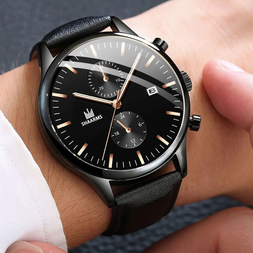 Elegant Business Men 'S Watch Simple Fake Eyes With Calendar Quartz Leather-Belt Watch Men 'S