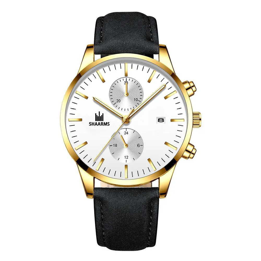 Elegant Business Men 'S Watch Simple Fake Eyes With Calendar Quartz Leather-Belt Watch Men 'S