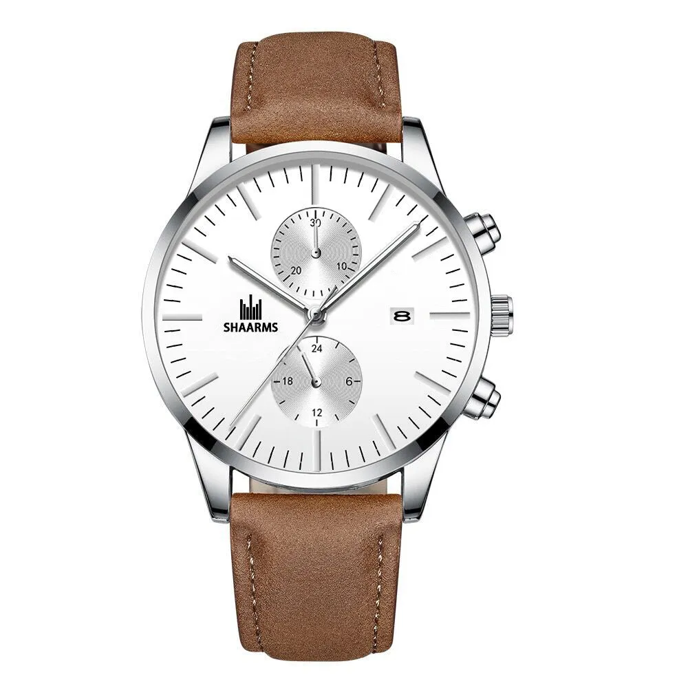 Elegant Business Men 'S Watch Simple Fake Eyes With Calendar Quartz Leather-Belt Watch Men 'S