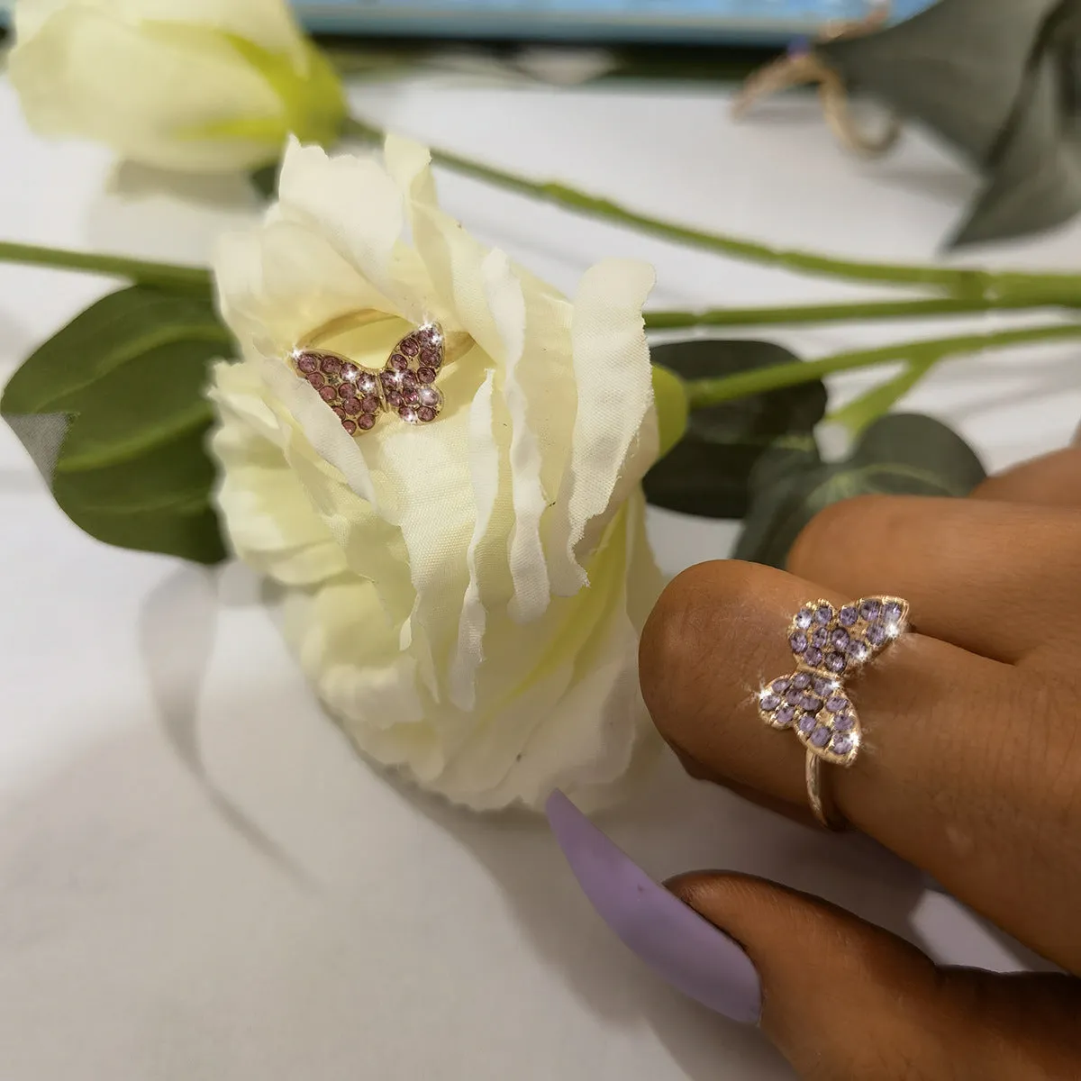 Elegant Butterfly and Geometric Zircon Bracelet and Ring Set