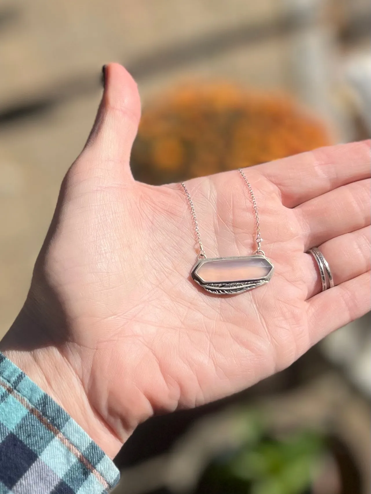 Elongated Chalcedony Feather Necklace