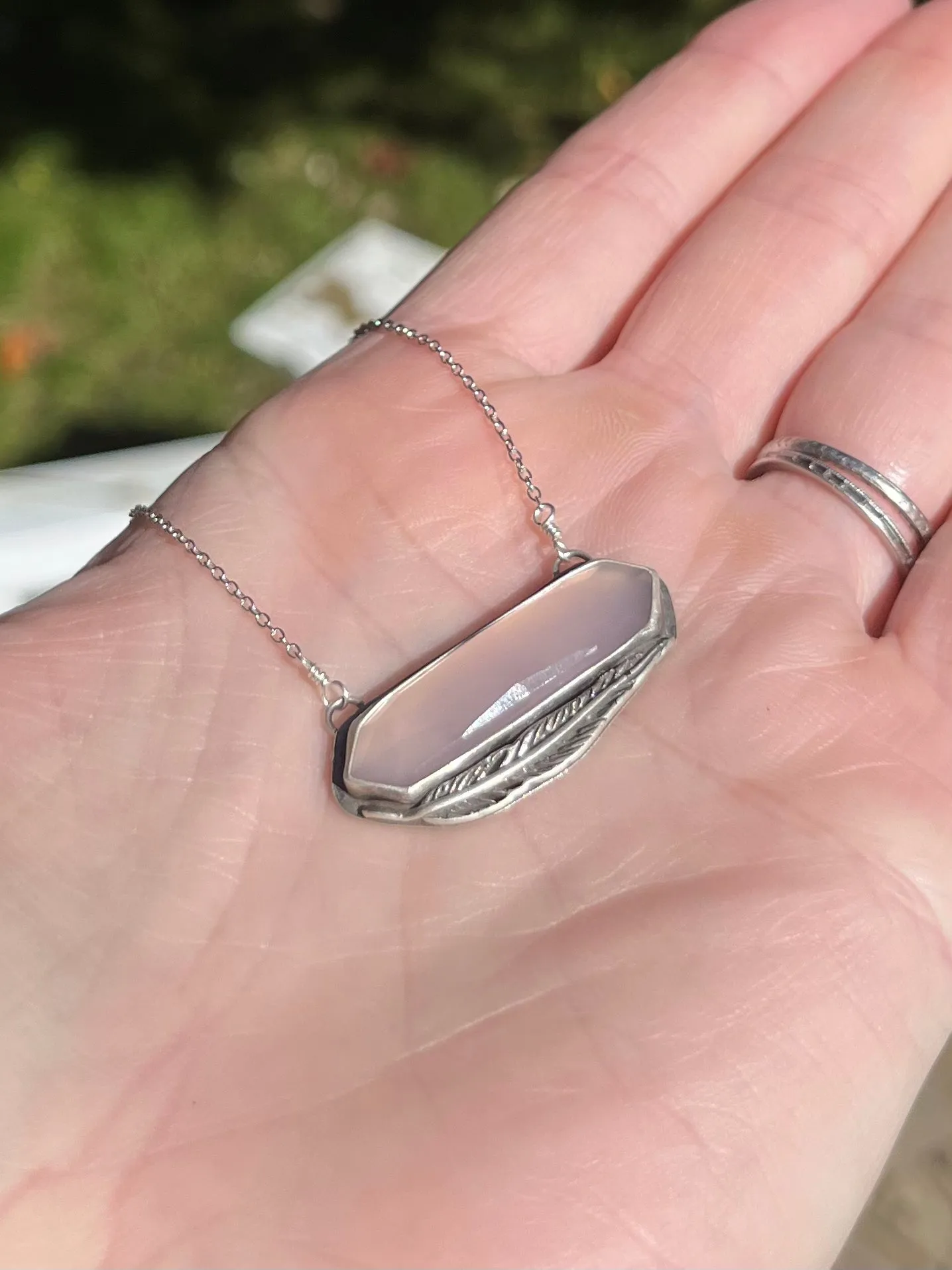 Elongated Chalcedony Feather Necklace