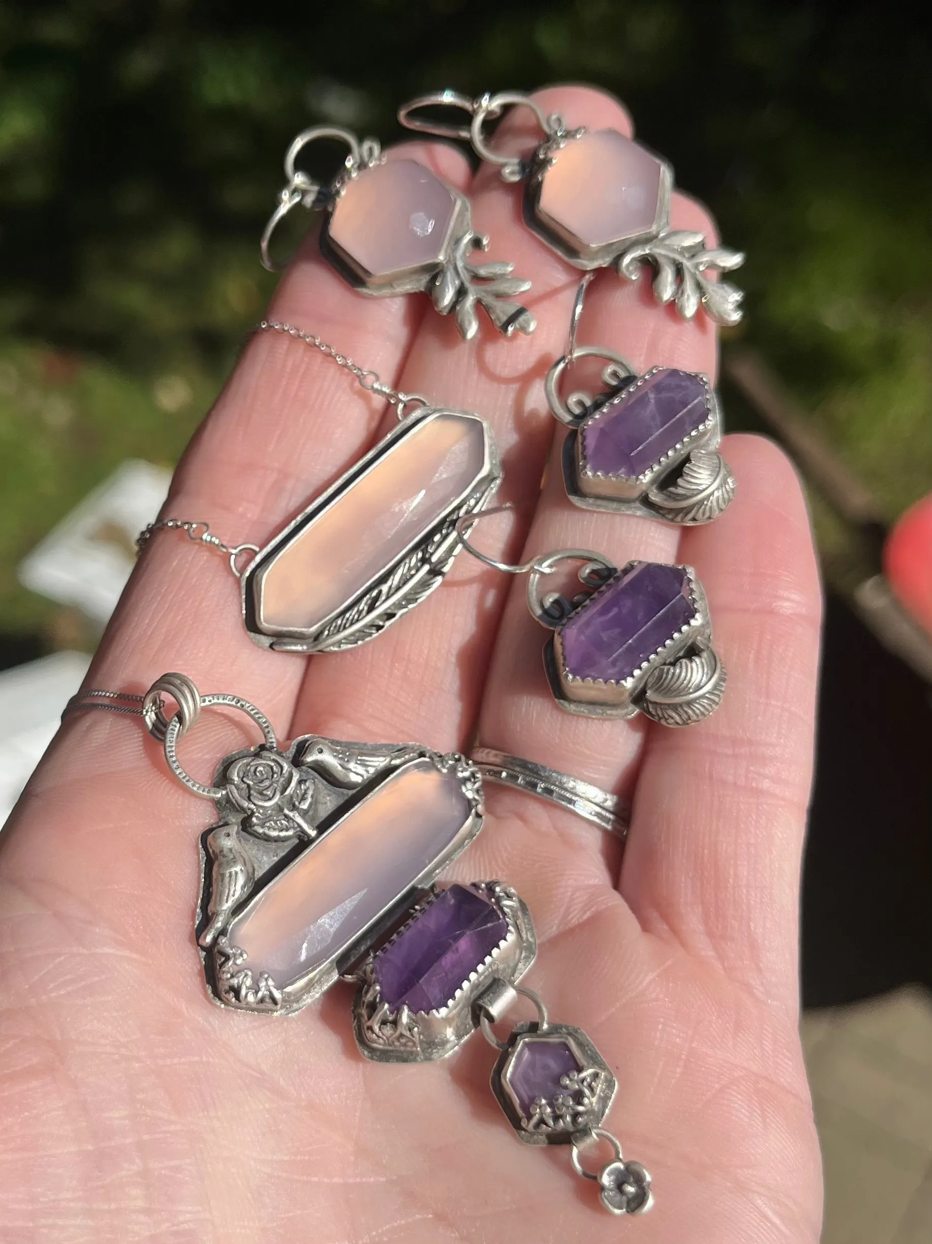 Elongated Chalcedony Feather Necklace