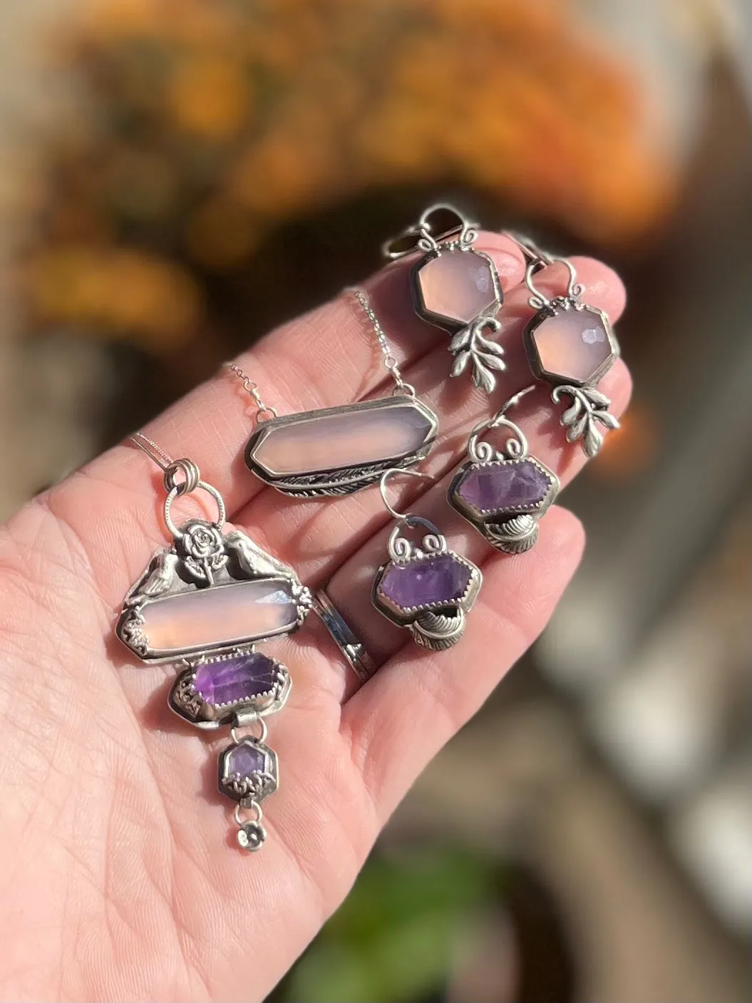 Elongated Chalcedony Feather Necklace