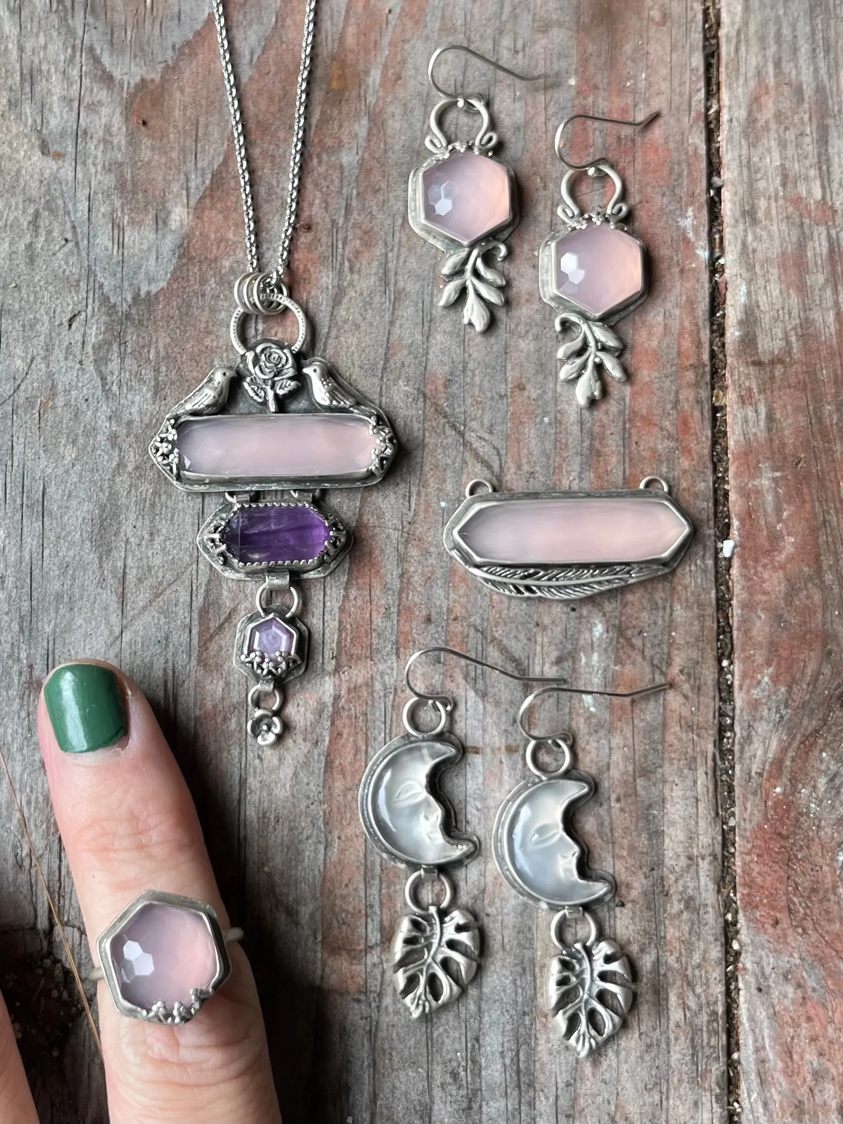 Elongated Chalcedony Feather Necklace