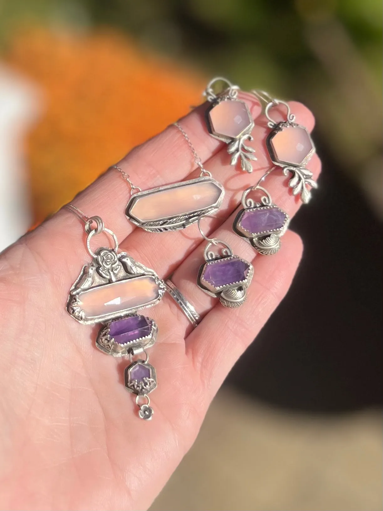 Elongated Chalcedony Feather Necklace