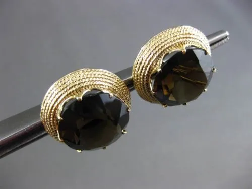 ESTATE LARGE 14K YELLOW GOLD 3D EXTRA FACET SMOKY TOPAZ MILGRAIN EARRINGS #2975