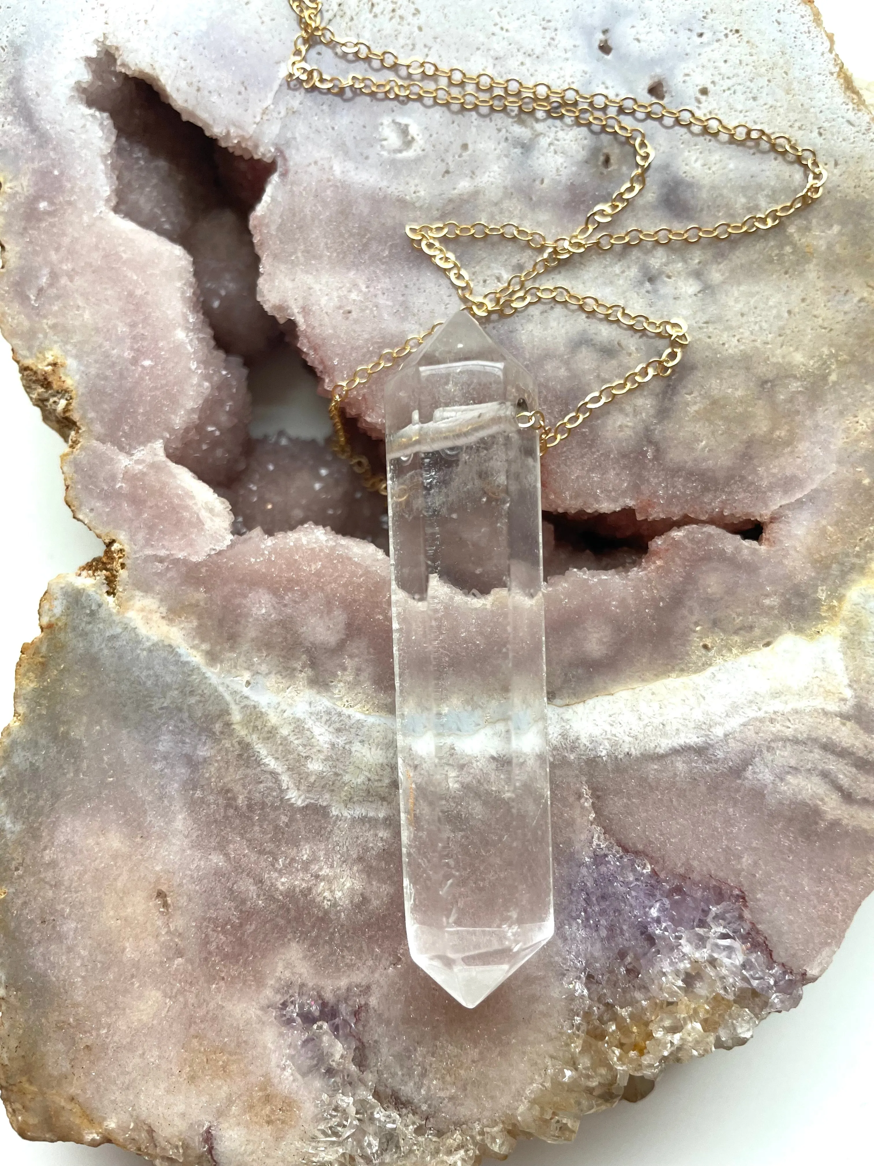 Extra Large Clear Quartz Point Free Flowing Pendant on Long Chain