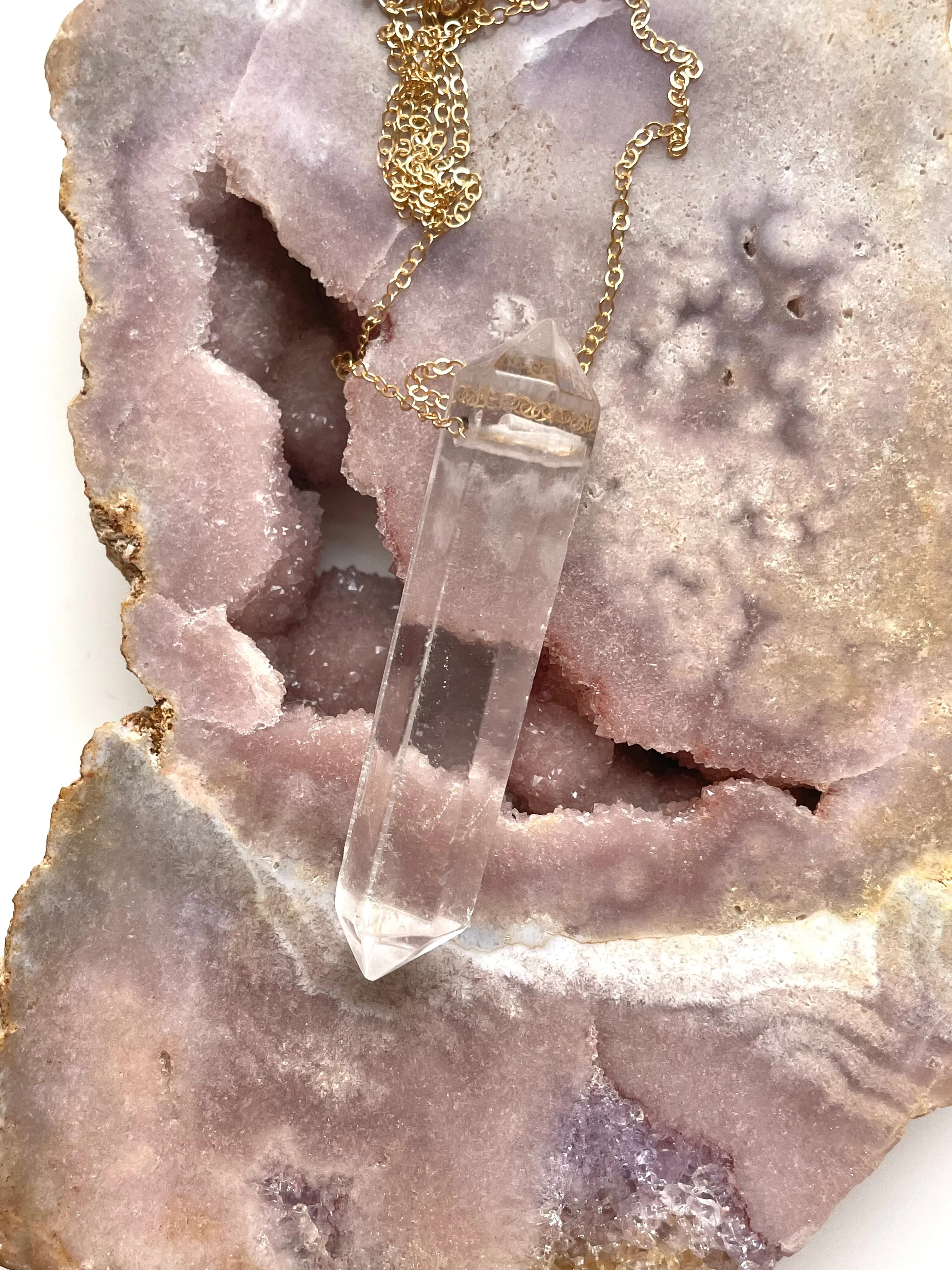 Extra Large Clear Quartz Point Free Flowing Pendant on Long Chain