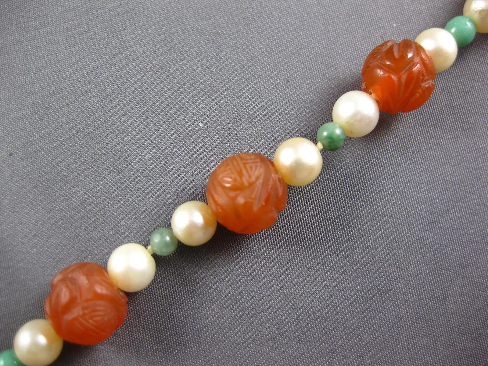EXTRA LONG AAA CARVED CARNELIAN & GREEN TURQUOISE & PEARL 3D FUN NECKLACE #27196