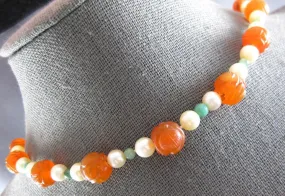 EXTRA LONG AAA CARVED CARNELIAN & GREEN TURQUOISE & PEARL 3D FUN NECKLACE #27196
