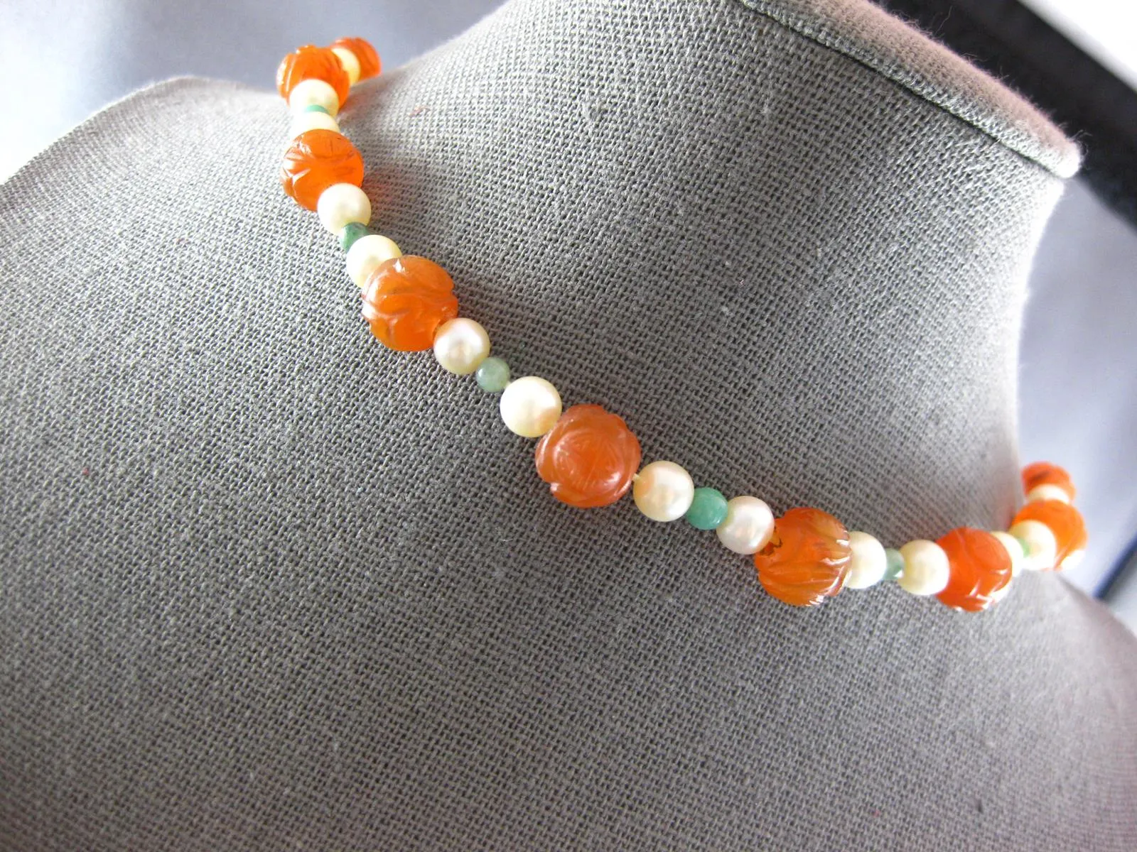EXTRA LONG AAA CARVED CARNELIAN & GREEN TURQUOISE & PEARL 3D FUN NECKLACE #27196