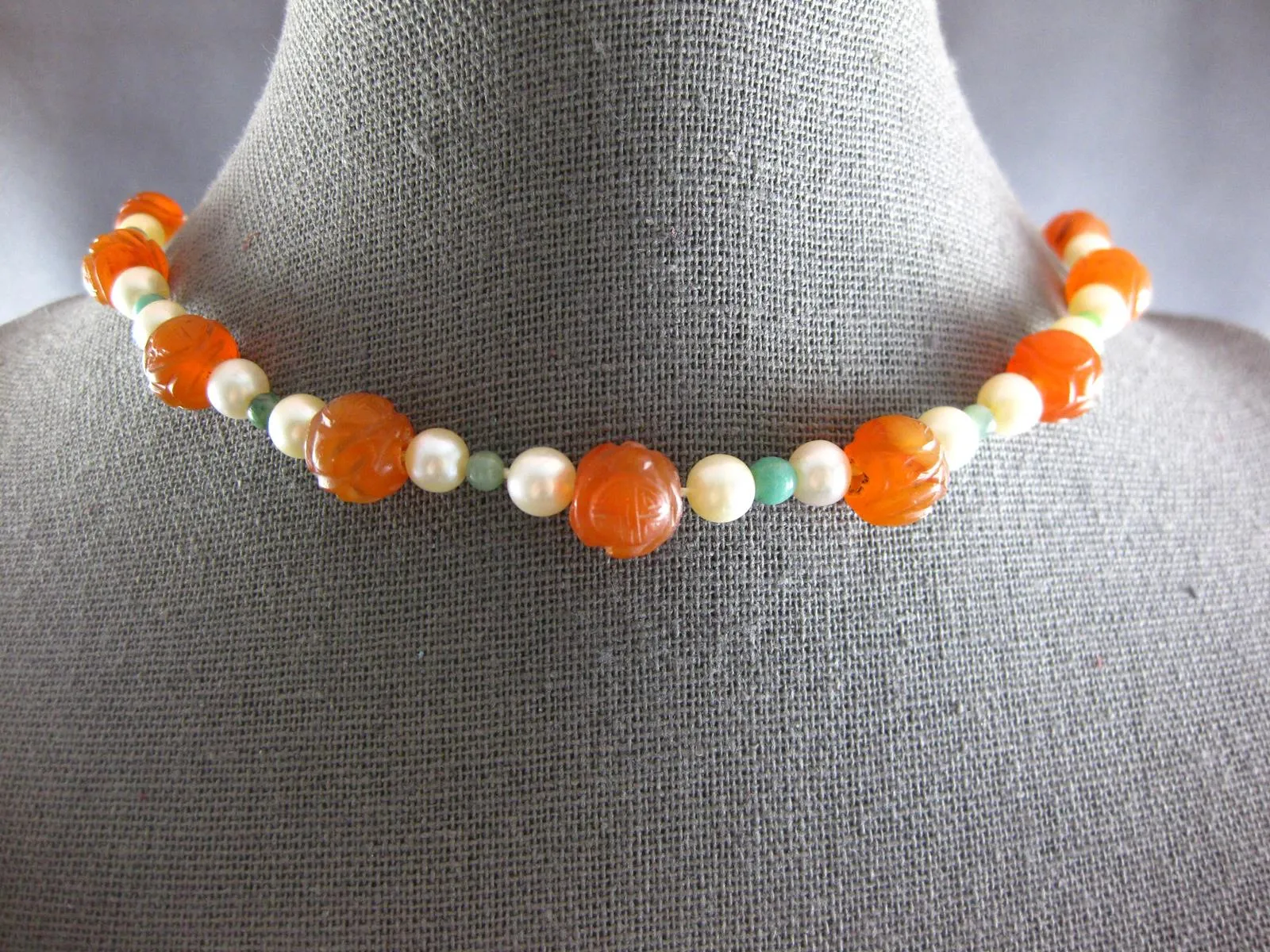 EXTRA LONG AAA CARVED CARNELIAN & GREEN TURQUOISE & PEARL 3D FUN NECKLACE #27196