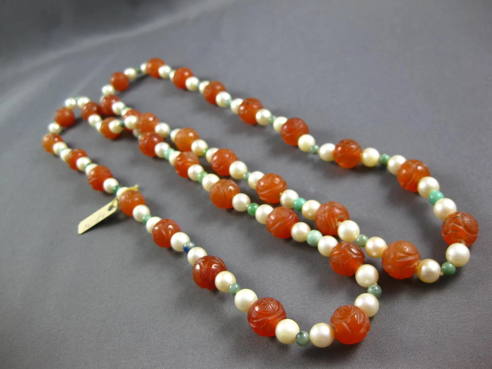 EXTRA LONG AAA CARVED CARNELIAN & GREEN TURQUOISE & PEARL 3D FUN NECKLACE #27196