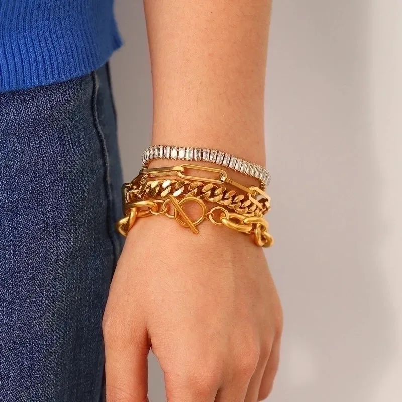 Fashion New 18k Gold Stainless Steel Cuban Link Chain Cross Chain Zircon Bracelet