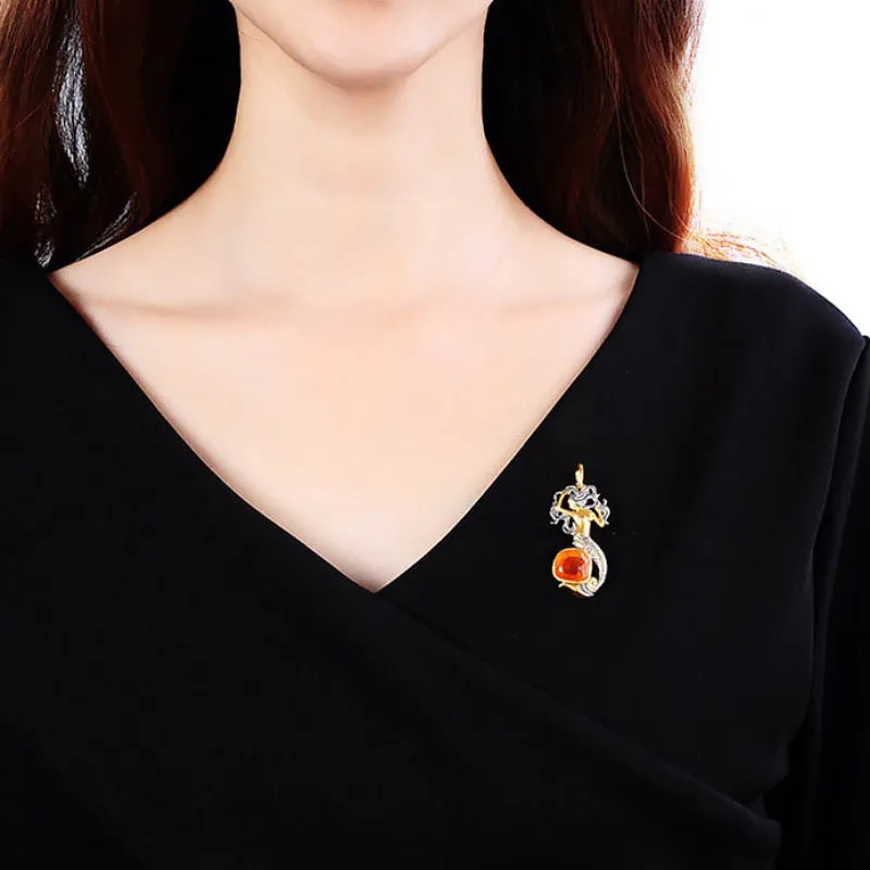 Fire Opal & Sterling Silver Mermaid Necklace Pendant/Brooch