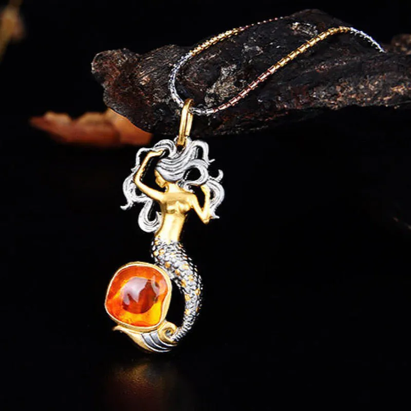 Fire Opal & Sterling Silver Mermaid Necklace Pendant/Brooch