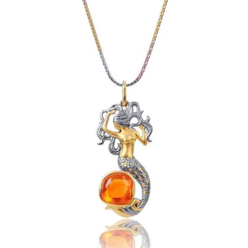 Fire Opal & Sterling Silver Mermaid Necklace Pendant/Brooch
