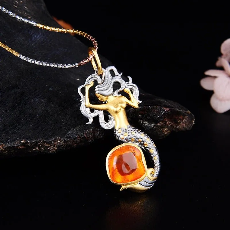 Fire Opal & Sterling Silver Mermaid Necklace Pendant/Brooch