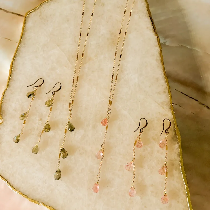 Gem Tassel Necklace: Labradorite or Strawberry Quartz