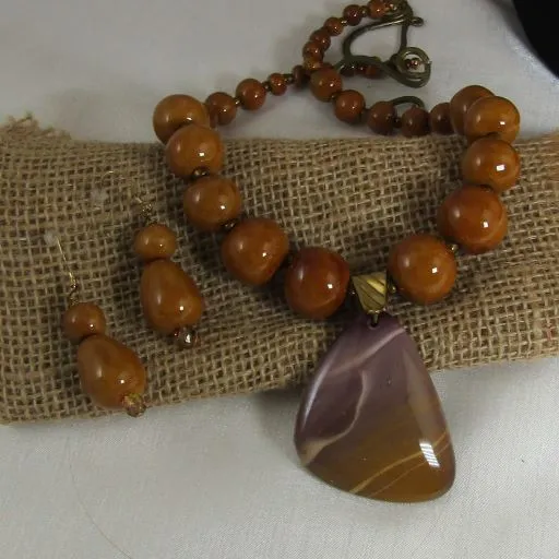 Gemstone Bead Necklace & Earrings with Jasper Big Pendant