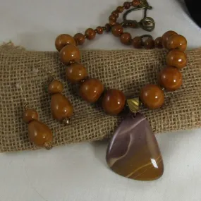 Gemstone Bead Necklace & Earrings with Jasper Big Pendant