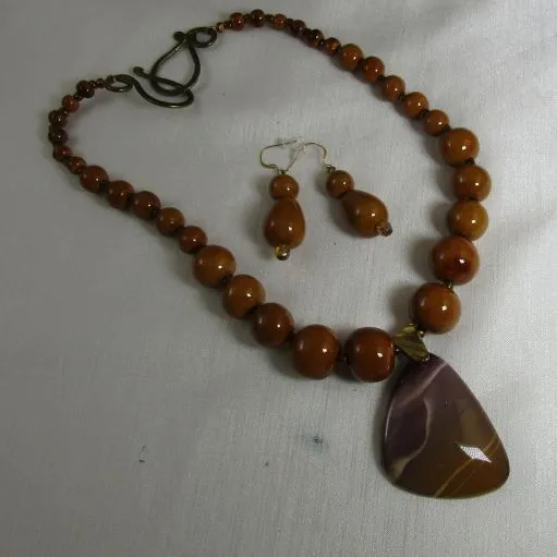 Gemstone Bead Necklace & Earrings with Jasper Big Pendant
