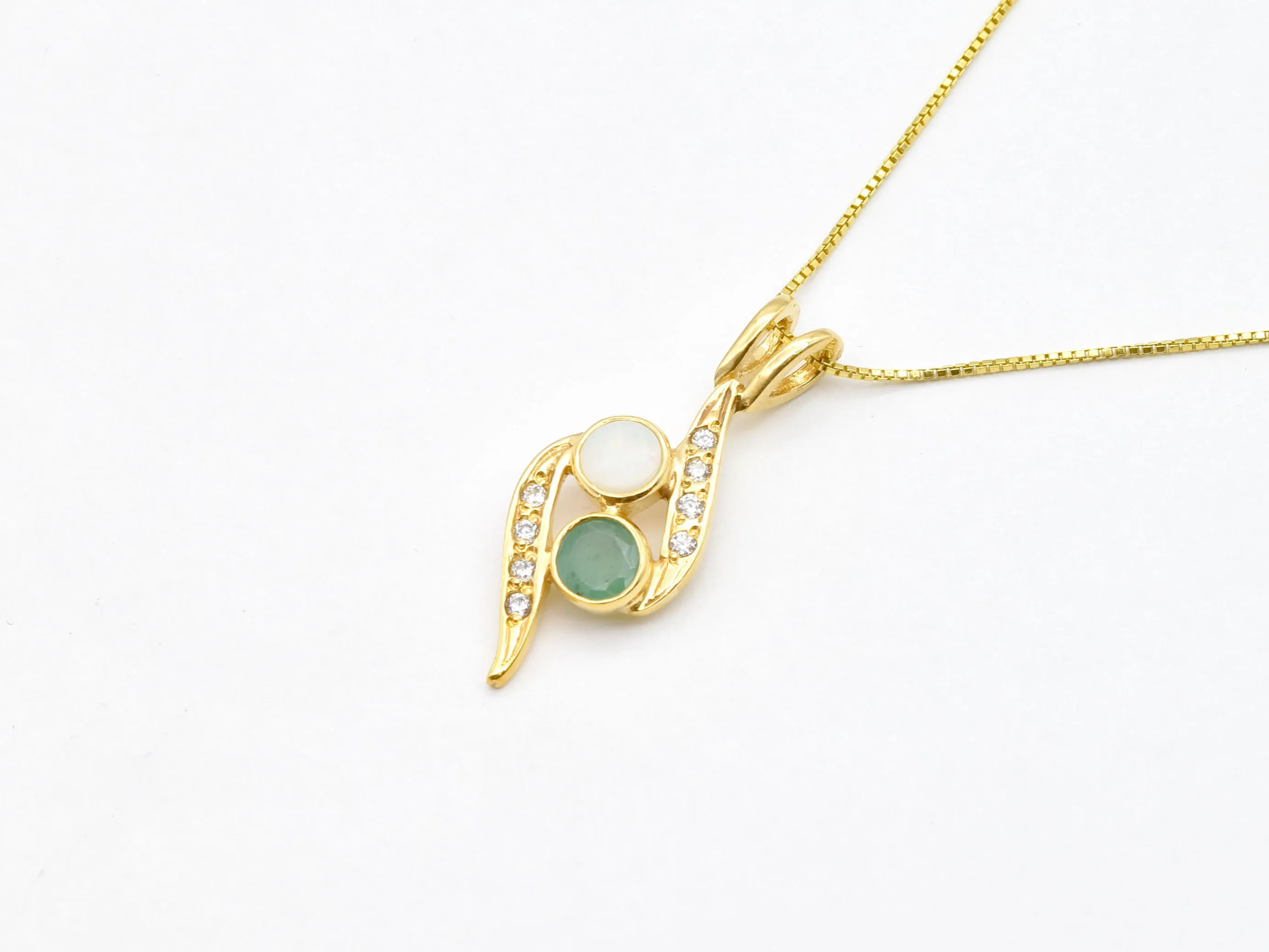 Gold Emerald Necklace - Vintage Opal Pendant - Two Stone Necklace