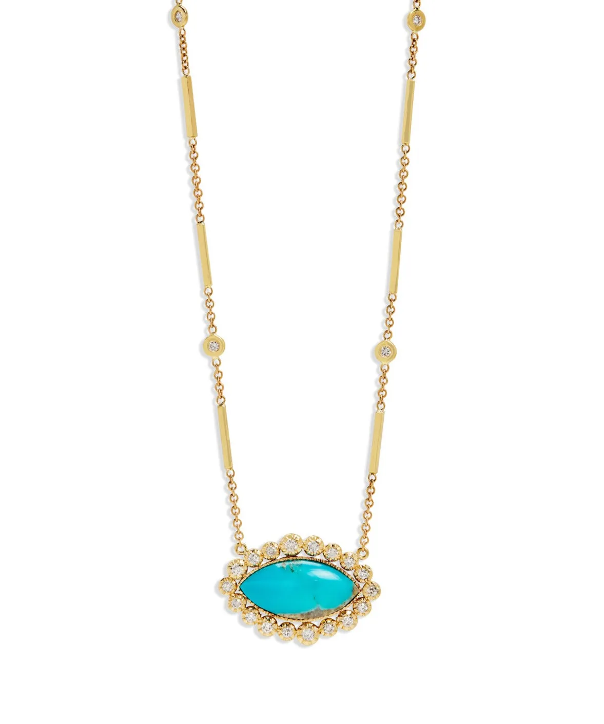 Graduated Diamond Border Turquoise Marquise Yellow Gold Necklace