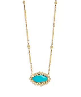 Graduated Diamond Border Turquoise Marquise Yellow Gold Necklace