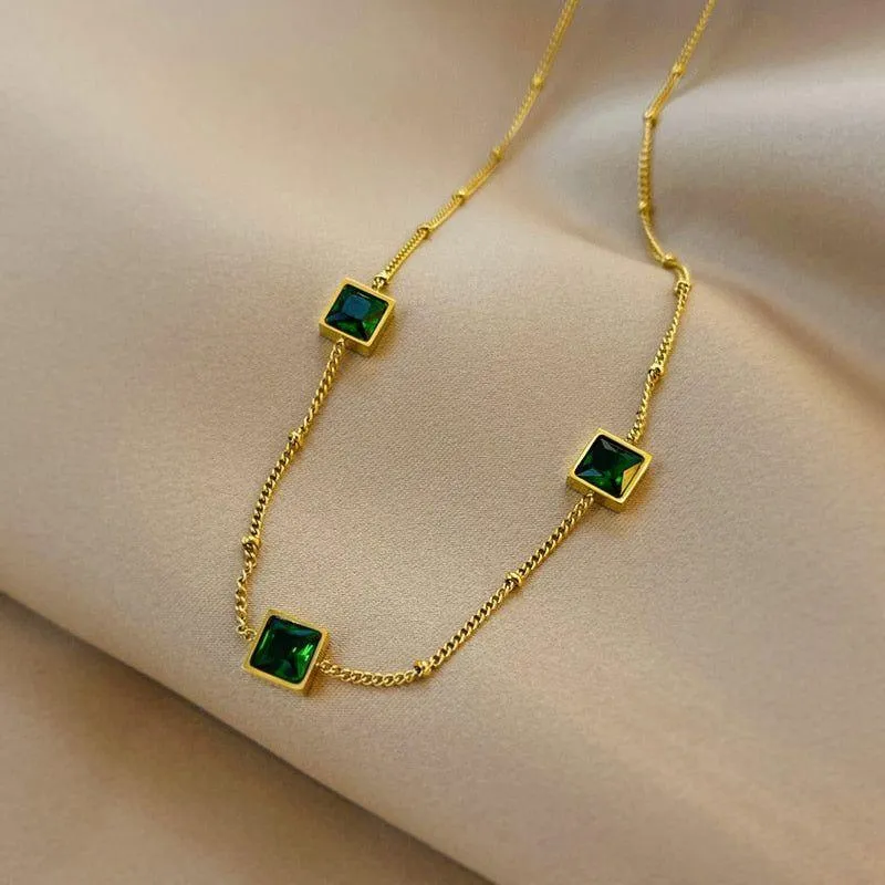 Green Zircon Necklace Stainless Steel Charm Jewelry NCJT36