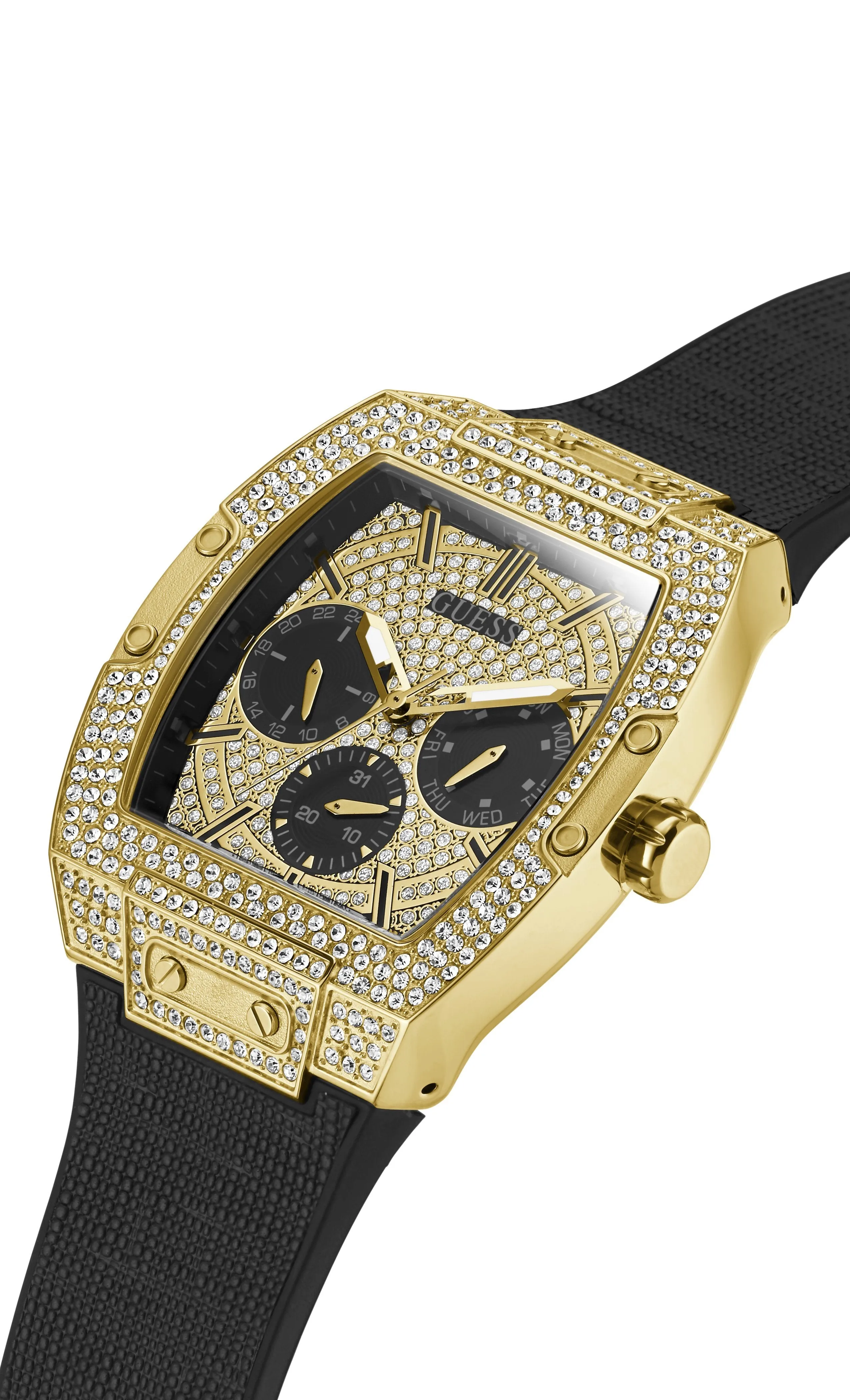 Guess Pheonix Gold Tone & Black Genuine Leather Silicone Watch GW0048G2