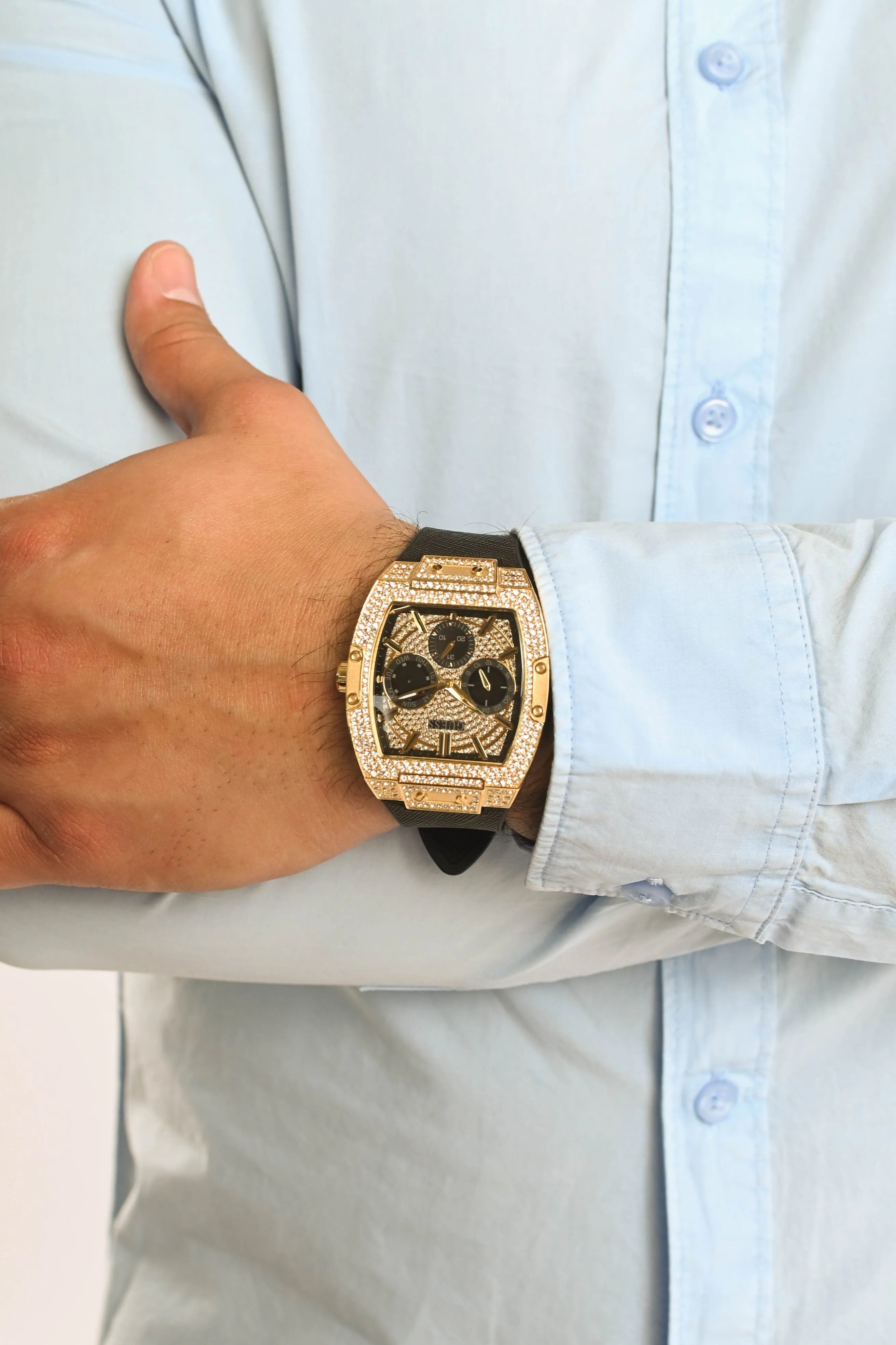 Guess Pheonix Gold Tone & Black Genuine Leather Silicone Watch GW0048G2