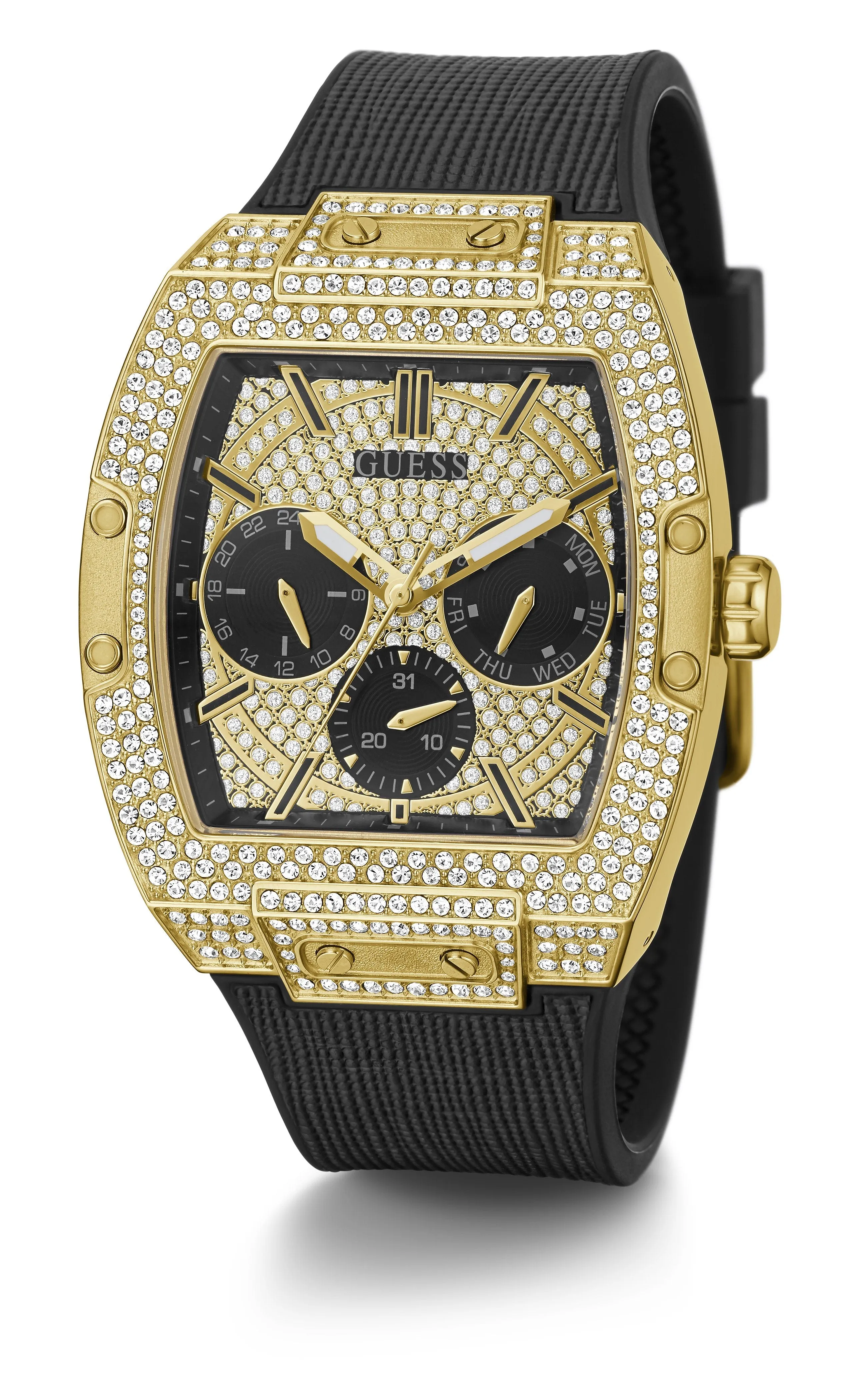 Guess Pheonix Gold Tone & Black Genuine Leather Silicone Watch GW0048G2