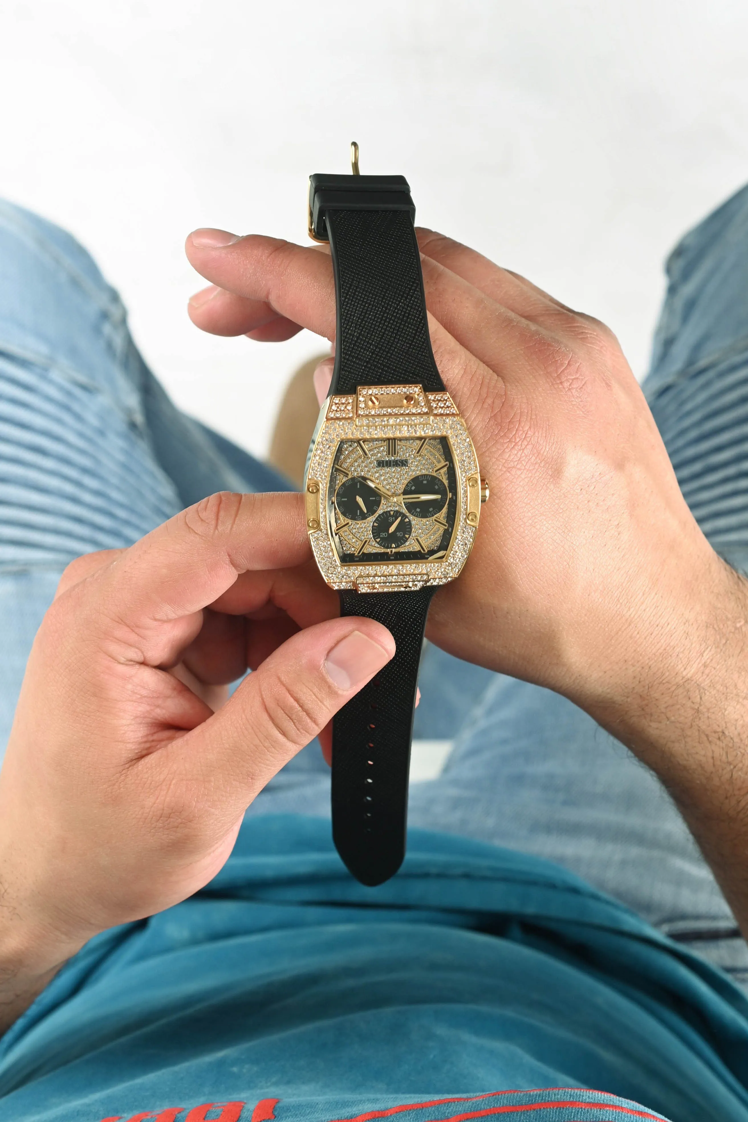 Guess Pheonix Gold Tone & Black Genuine Leather Silicone Watch GW0048G2