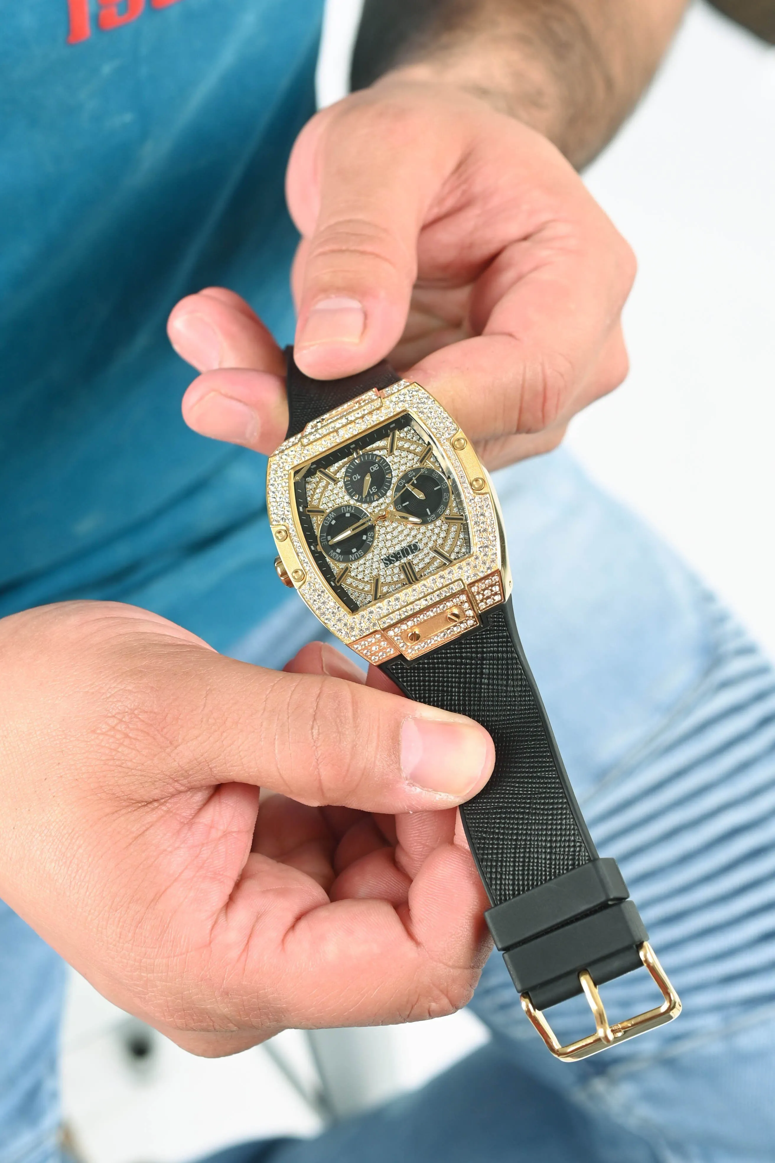 Guess Pheonix Gold Tone & Black Genuine Leather Silicone Watch GW0048G2
