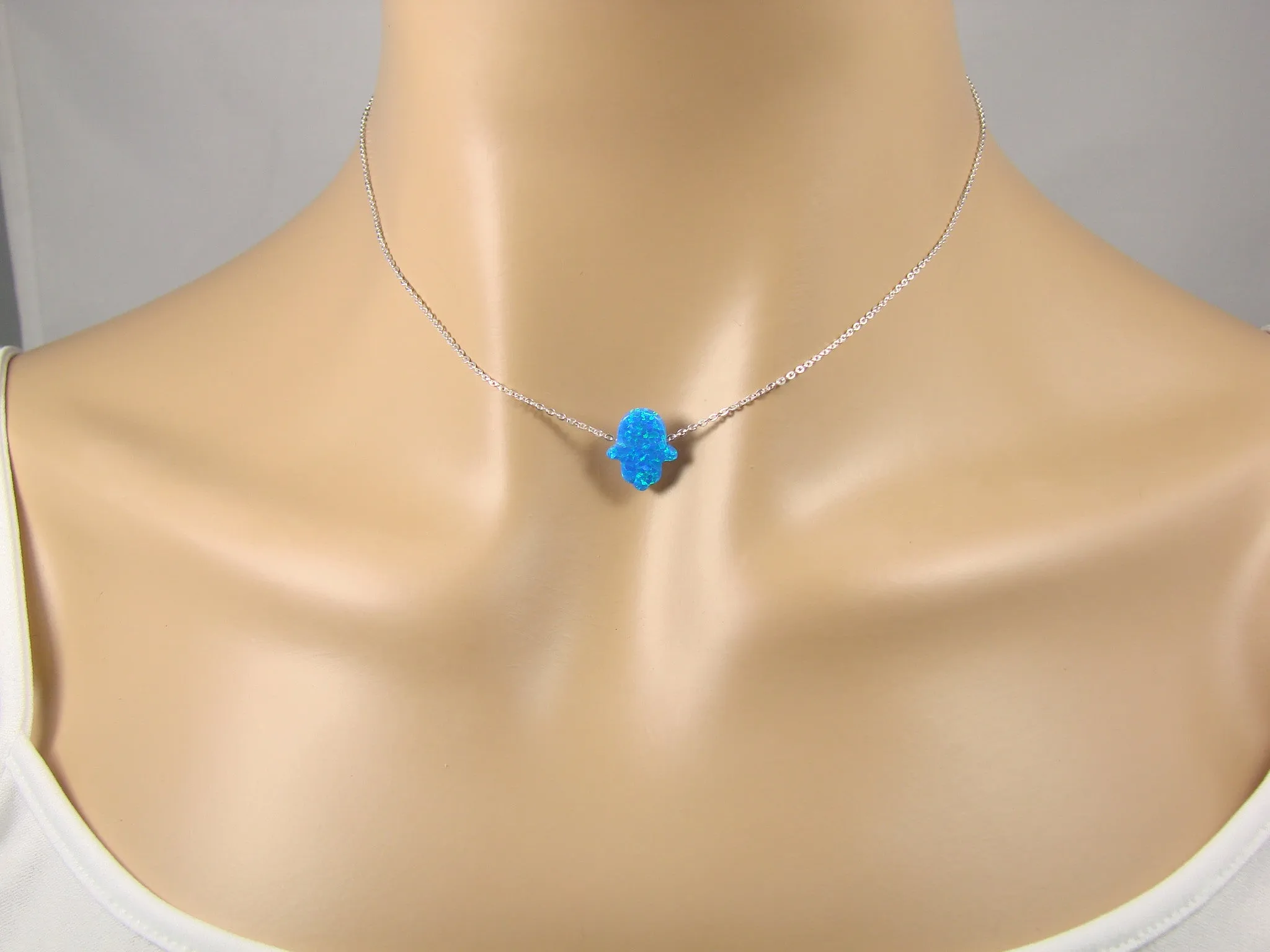 Hamsa Hand Necklace Lab-Created Opal 925 Sterling Silver Chain