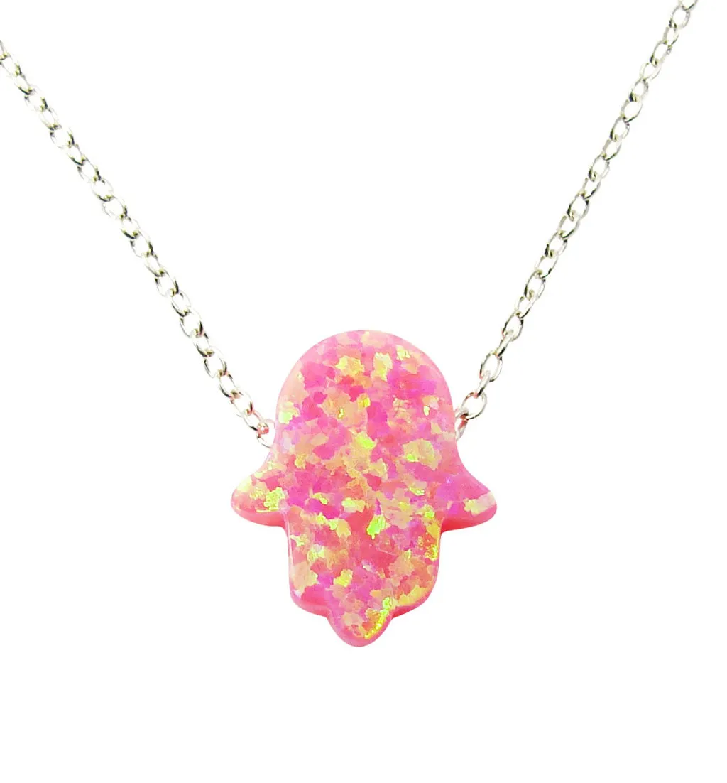 Hamsa Hand Necklace Lab-Created Opal 925 Sterling Silver Chain