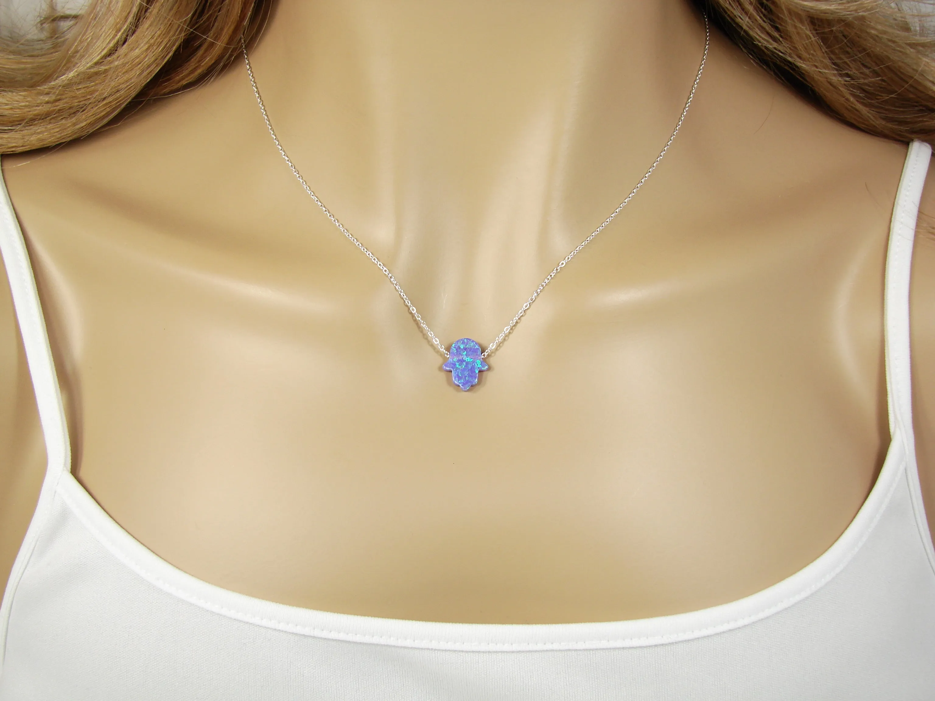 Hamsa Hand Necklace Lab-Created Opal 925 Sterling Silver Chain