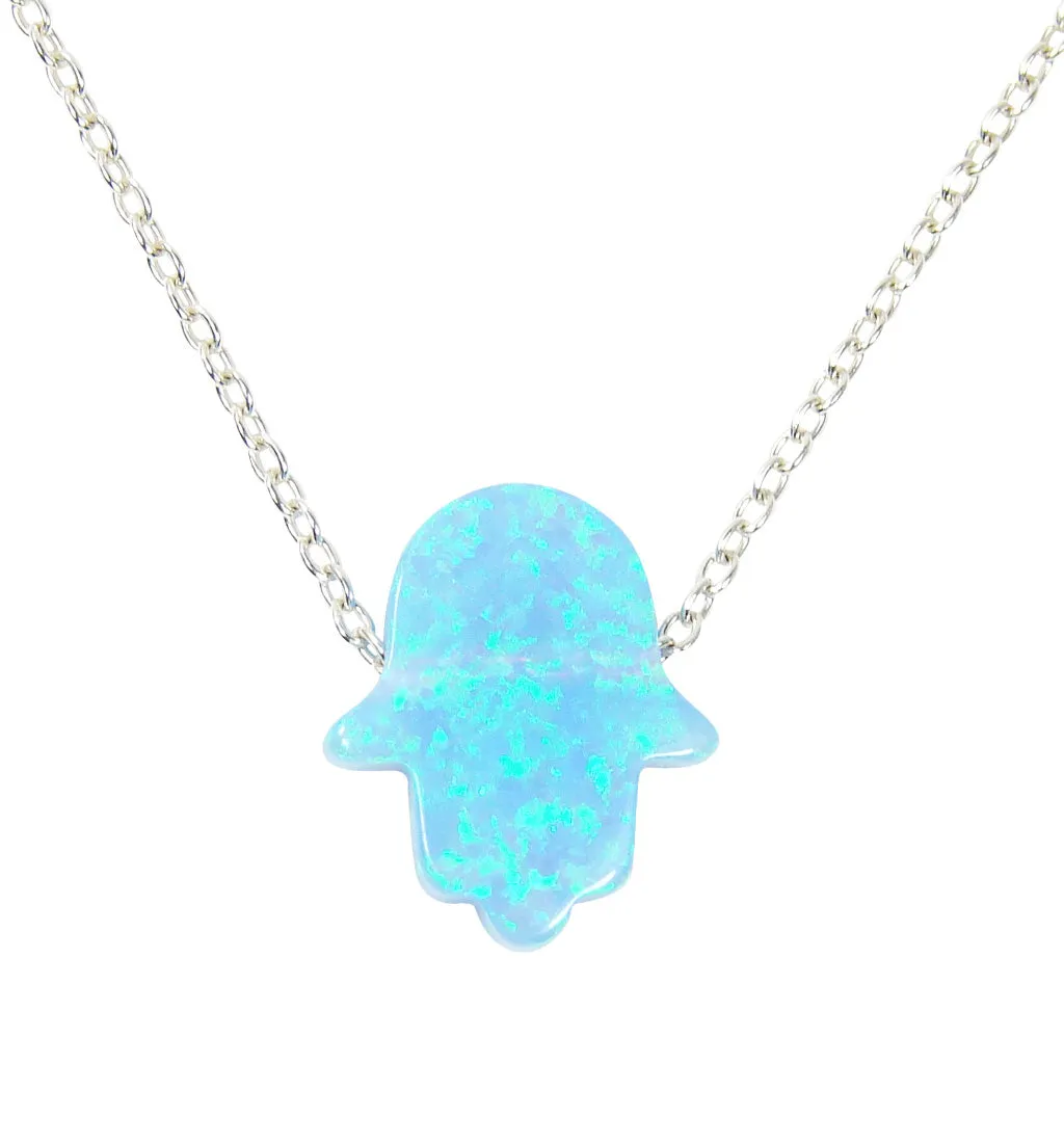 Hamsa Hand Necklace Lab-Created Opal 925 Sterling Silver Chain