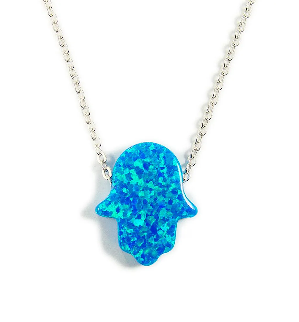 Hamsa Hand Necklace Lab-Created Opal 925 Sterling Silver Chain