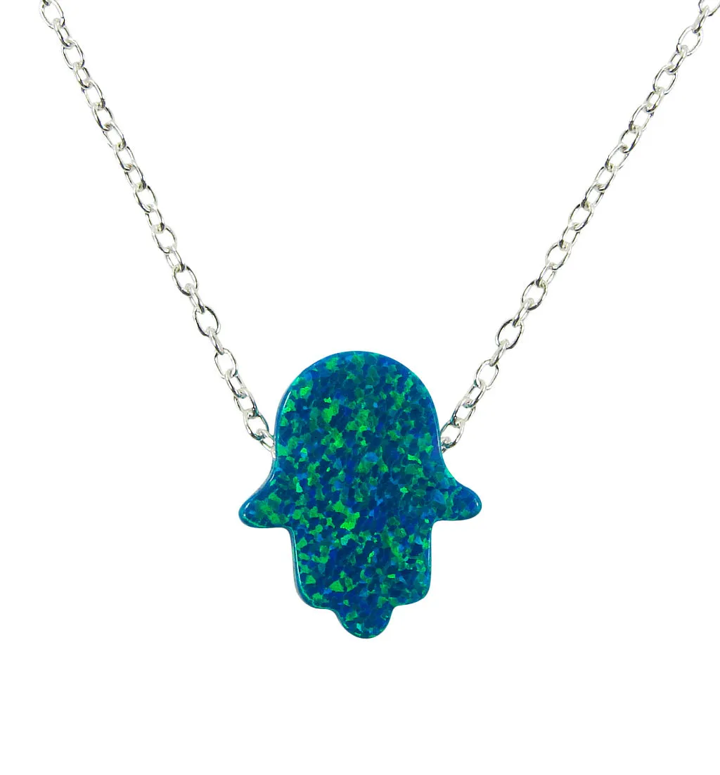 Hamsa Hand Necklace Lab-Created Opal 925 Sterling Silver Chain