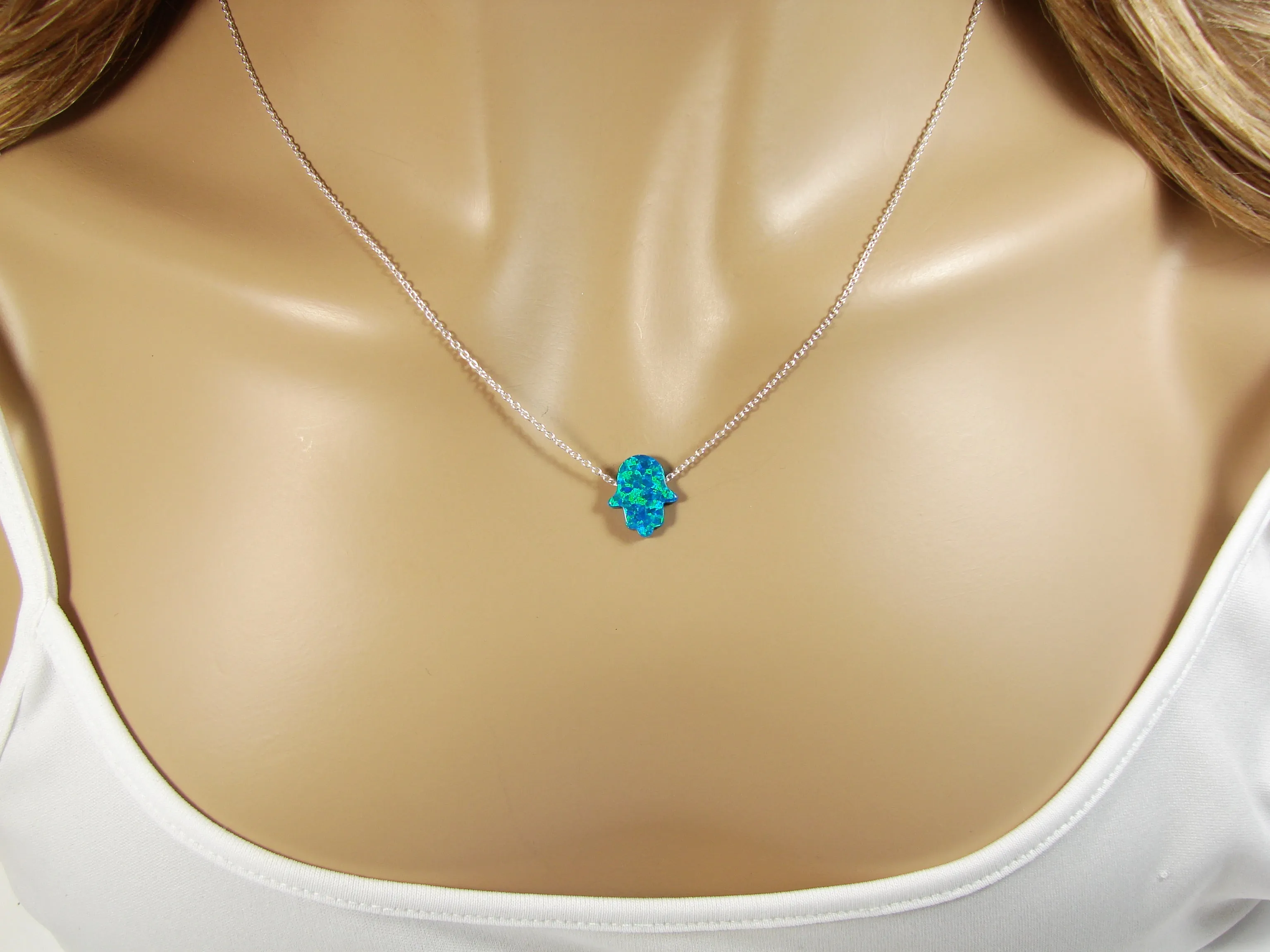 Hamsa Hand Necklace Lab-Created Opal 925 Sterling Silver Chain