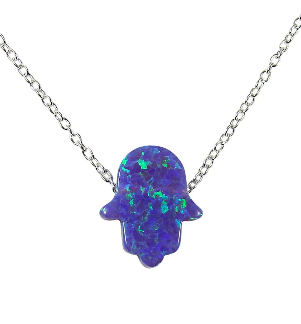 Hamsa Hand Necklace Lab-Created Opal 925 Sterling Silver Chain