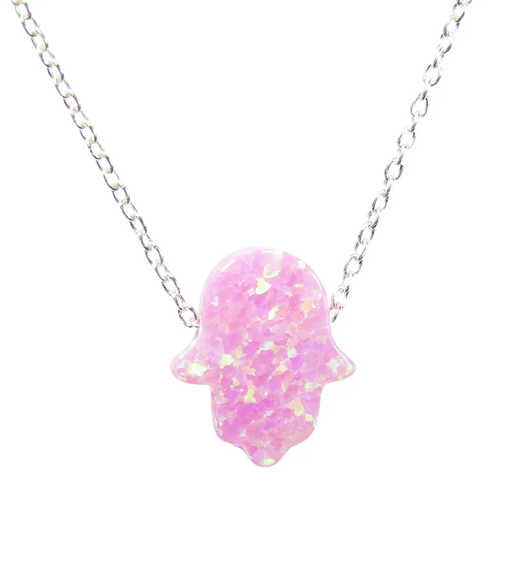 Hamsa Hand Necklace Lab-Created Opal 925 Sterling Silver Chain