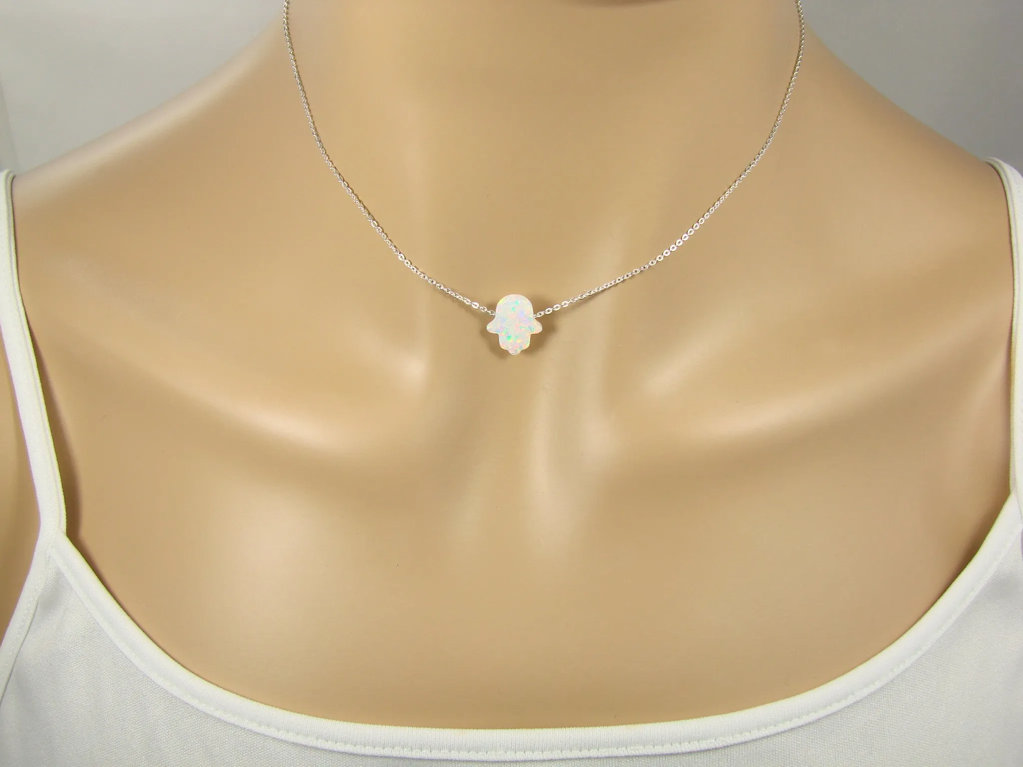 Hamsa Hand Necklace Lab-Created Opal 925 Sterling Silver Chain
