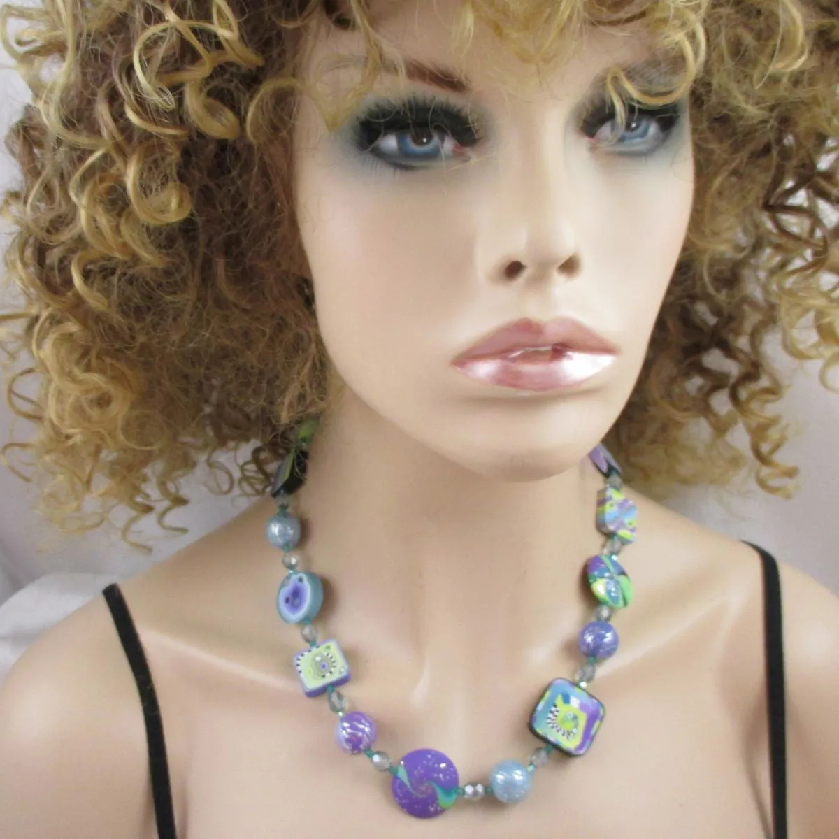Handmade Designer Set in Blue Leather  Polymer Clay Jewelry Set